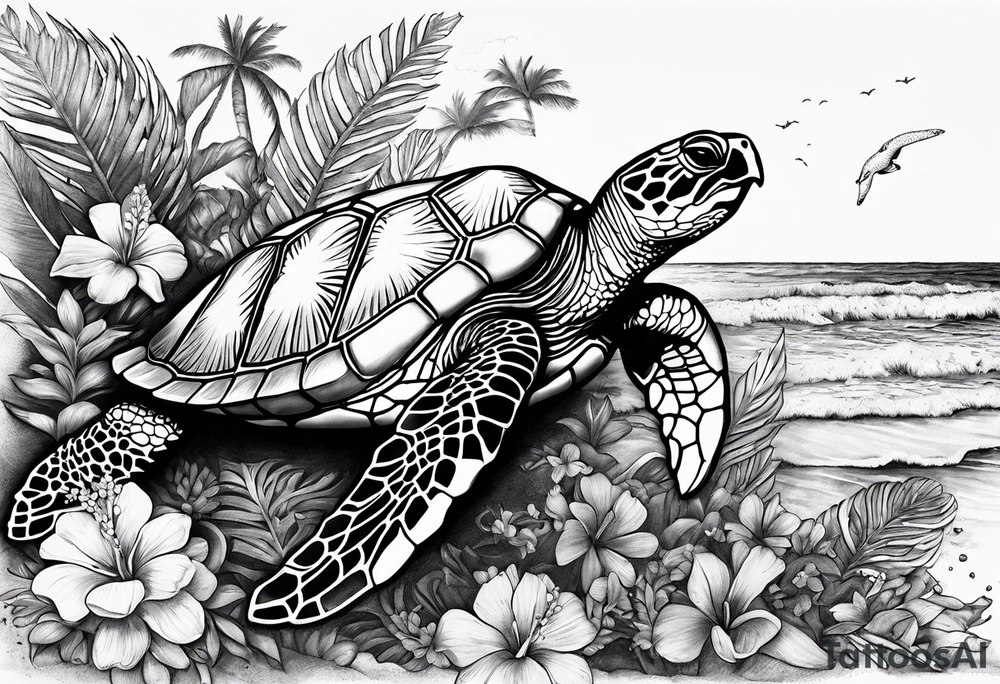 Hawian flowers sea turtles beach tattoo idea