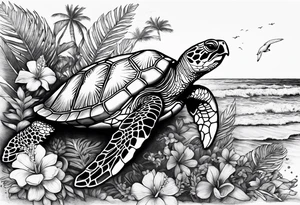 Hawian flowers sea turtles beach tattoo idea