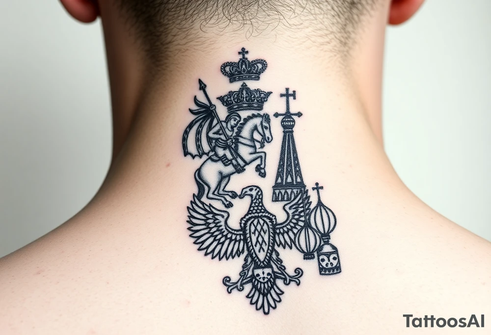 St. George slaying the dragon (hugely common in Russian Orthodox art)
Russian imperial crown above the eagle
Crossed swords or a Russian sabre
The Kremlin or St. Basil's Cathedral scene tattoo idea