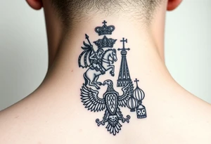 St. George slaying the dragon (hugely common in Russian Orthodox art)
Russian imperial crown above the eagle
Crossed swords or a Russian sabre
The Kremlin or St. Basil's Cathedral scene tattoo idea