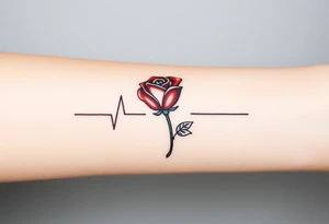 A continuous heartbeat line shaped like a rose, with the petals shaded in rich red and the stem in dark green. tattoo idea