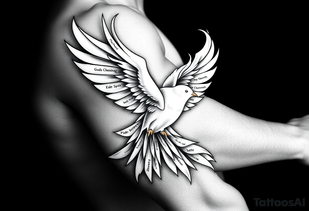 White dove of fire with the names of God and the Characteristics of the Holy Spirit in English tattoo idea