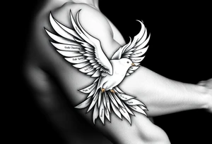 White dove of fire with the names of God and the Characteristics of the Holy Spirit in English tattoo idea