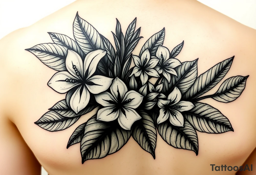 Beautiful, feminine, complex, detailed shading and cohesive mixture of the following: sampugita flowers, anahaw leaves (Livistona rotundifolia), ylang ylang, tropical foliage for a hand tattoo tattoo idea