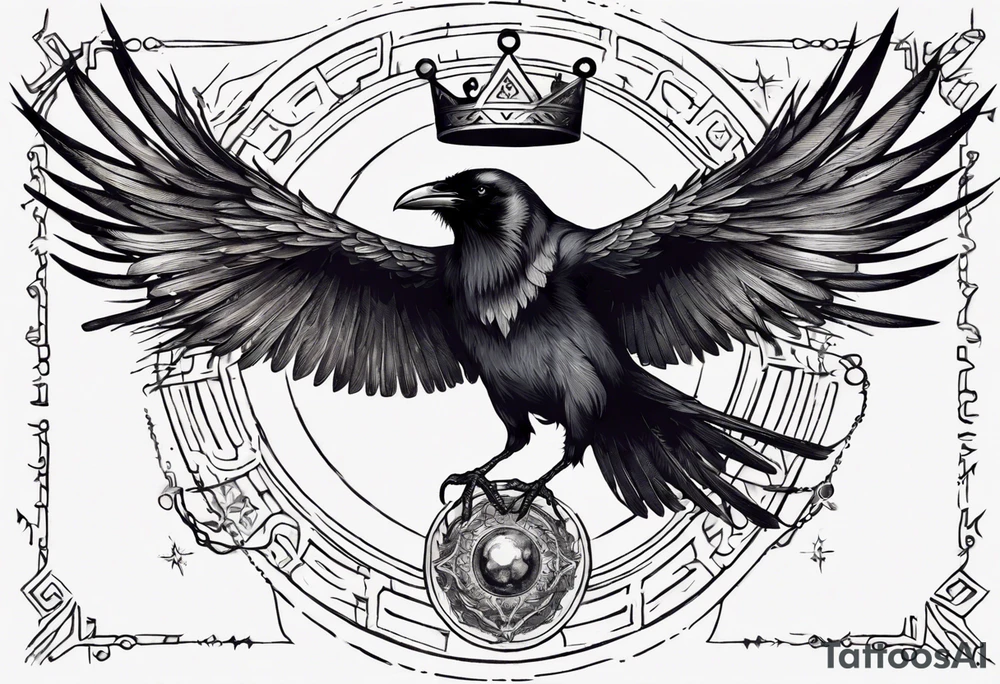 Cunning Raven wearing a Crown flying towards the Sun. Mystic. tattoo idea