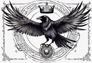 Cunning Raven wearing a Crown flying towards the Sun. Mystic. tattoo idea