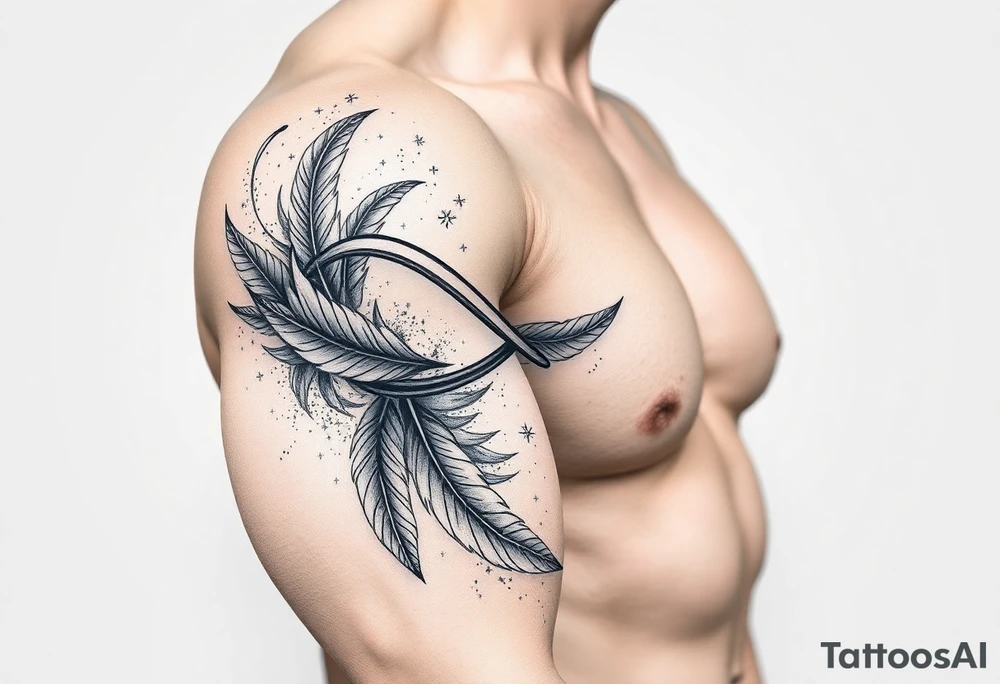 infinity symbol woven with floating feathers and stardust tattoo idea