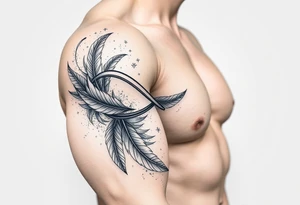 infinity symbol woven with floating feathers and stardust tattoo idea