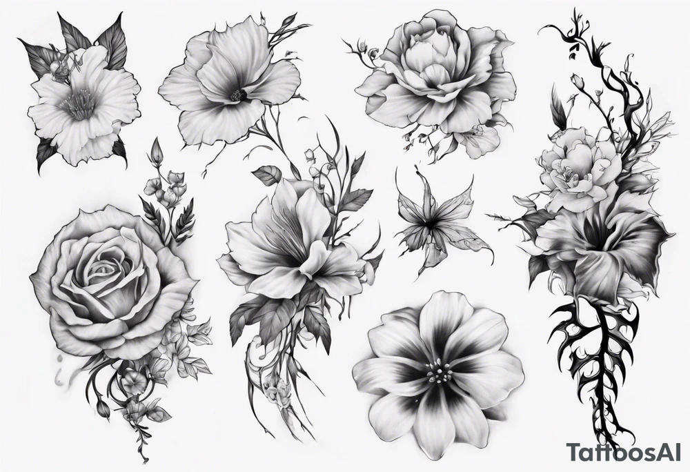 half skeleton ribs blooming flowers tattoo idea