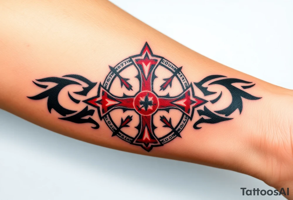 A highly detailed medieval shield with a red Templar cross, cracked and weathered, with golden inscriptions surrounding it tattoo idea
