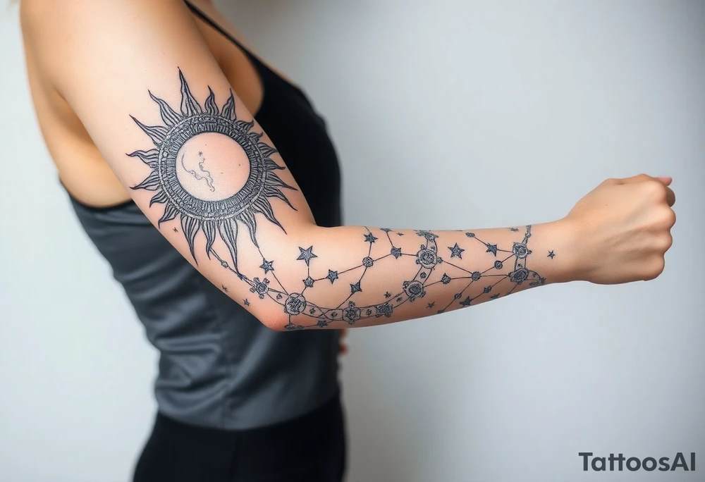 celestial sun and moon with constellation patterns runes in starry sky tattoo idea