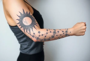 celestial sun and moon with constellation patterns runes in starry sky tattoo idea