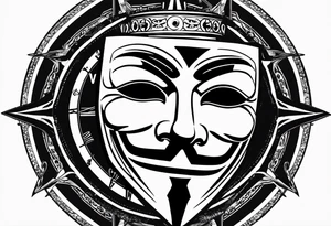 Centered v for vendetta, mask only. No hat.   Vintage compass surround. Crossed fencing swords. Pop art tattoo idea