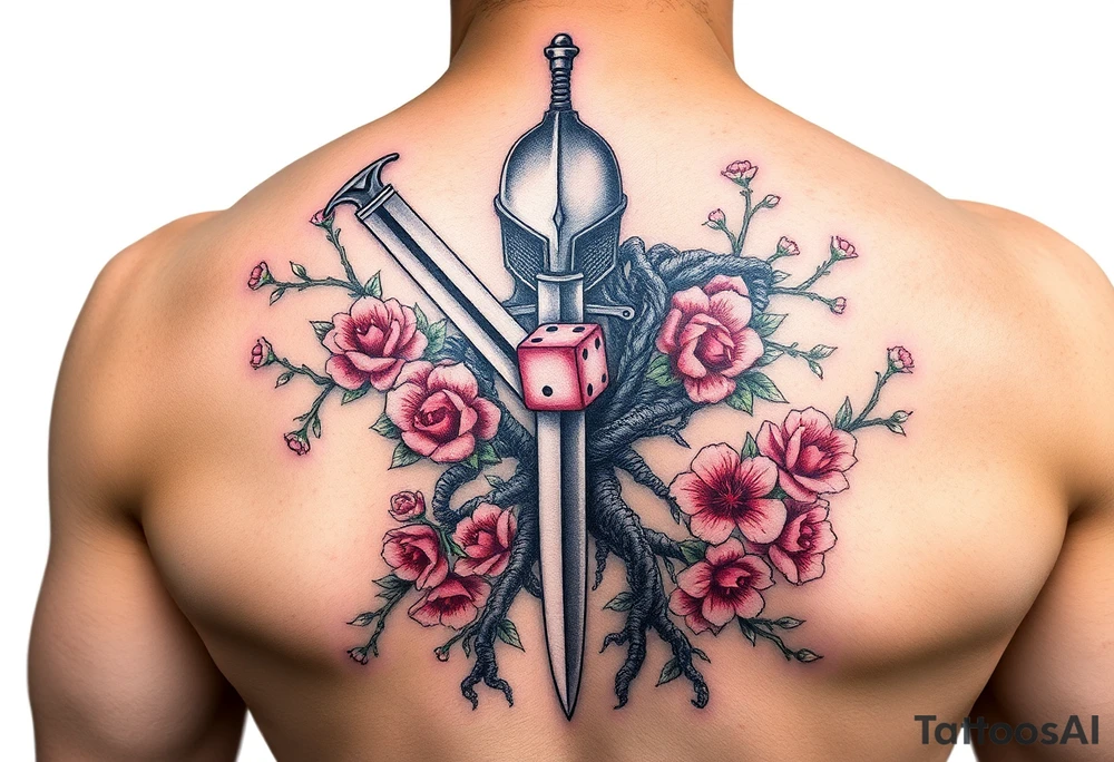 knight with sword and squid intertwined with climbing roses and tree roots with cherry blossoms rolling dice tattoo idea