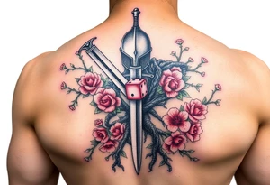 knight with sword and squid intertwined with climbing roses and tree roots with cherry blossoms rolling dice tattoo idea