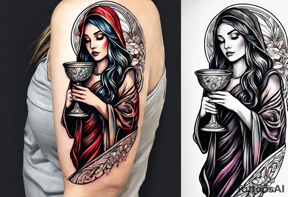 holy saint woman turned away
 holding a chalice tattoo idea