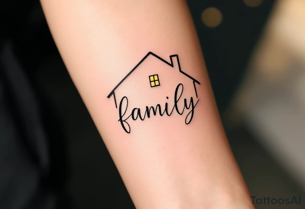 word family inside a house silhouette, with warm golden light from the windows. tattoo idea
