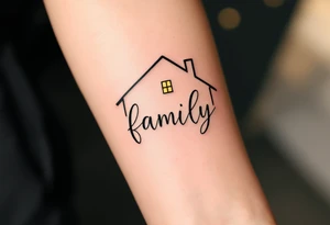 word family inside a house silhouette, with warm golden light from the windows. tattoo idea