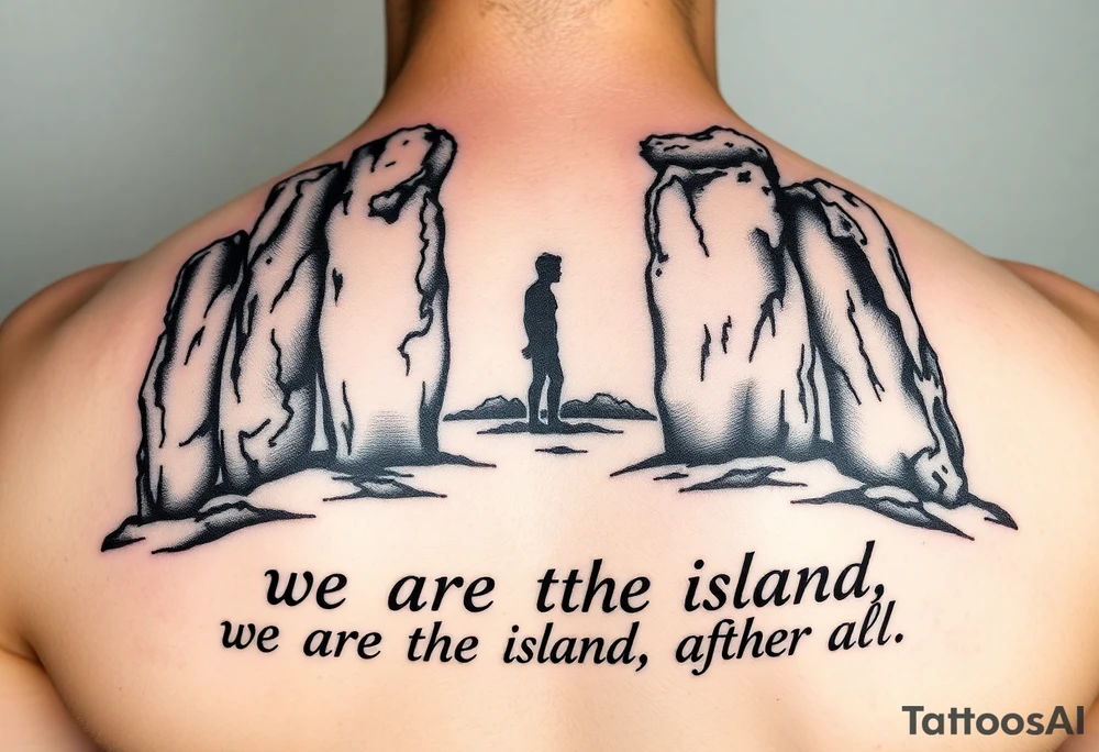 Orkney standing stones with a. Human figure and the words "we are the island, after all" tattoo idea