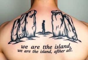 Orkney standing stones with a. Human figure and the words "we are the island, after all" tattoo idea