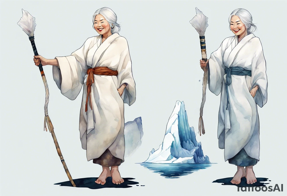 a 40 year old Inuit woman with white hair and a white robe holding a white bo staff, standing on an iceberg, smiling tattoo idea