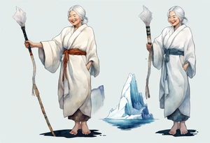 a 40 year old Inuit woman with white hair and a white robe holding a white bo staff, standing on an iceberg, smiling tattoo idea