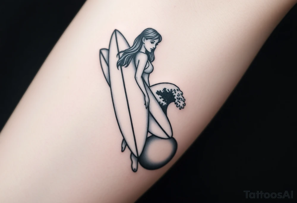New school geometrical concept tattoo with the girl holding surfboard in a vertical position her face is turned 60 degrees to out side, the bottom part of a body is showed, on the right side of a tattoo is the realistic wave closed in a frame. And the bottom of a taro is a palenesiab sun. Link the objects based on new school geometry tattoos. tattoo idea