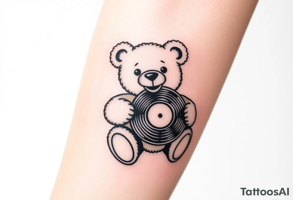 minimalist teddy bear smiling and holding a vinyl record tattoo idea