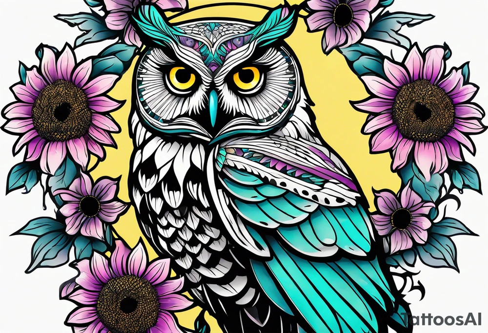 Black and white owl shaded teal, pink and purple surrounded by yellow sunflowers sleeve tattoo idea