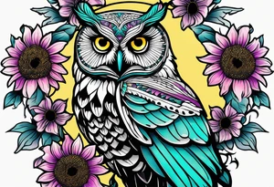 Black and white owl shaded teal, pink and purple surrounded by yellow sunflowers sleeve tattoo idea