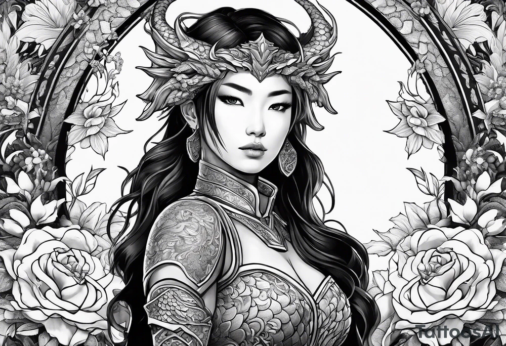 beautiful warrior woman wearing dragon armor and a floral background and a dragon tattoo idea