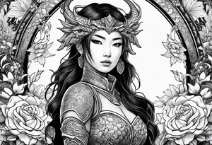 beautiful warrior woman wearing dragon armor and a floral background and a dragon tattoo idea