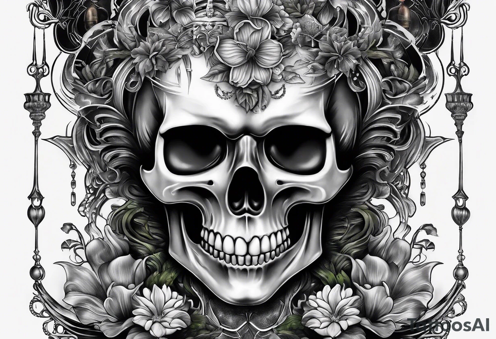 H.R. Giger tattoo with realistic evil skull, various flowers, water and fall colors tattoo idea