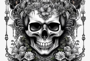 H.R. Giger tattoo with realistic evil skull, various flowers, water and fall colors tattoo idea