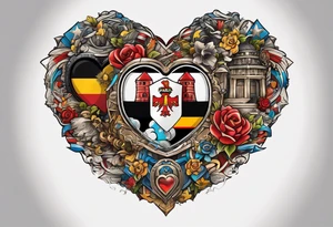 A geometric lined heart encased in the flag of Germany and North Carolina surrounded by characters from Zelda, Final Fantasy 8, and Howel's Moving Castle. tattoo idea