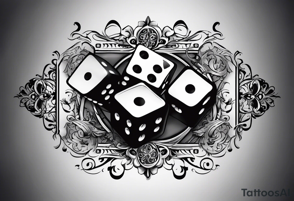 A tattoo design featuring a dice on a forearm, with the words “RISK” and “RICH” displayed on opposite sides of the dice. The dice has a 3D effect, shaded in black and gray to give it depth and realism. Decorative swirls and subtle scrollwork surround the dice, adding elegance to the design. This tattoo symbolizes the gamble and balance between risk and reward in the pursuit of success, capturing the idea that fortune often requires courage. The design has a bold, monochromatic look, making it visually striking and meaningful. tattoo idea