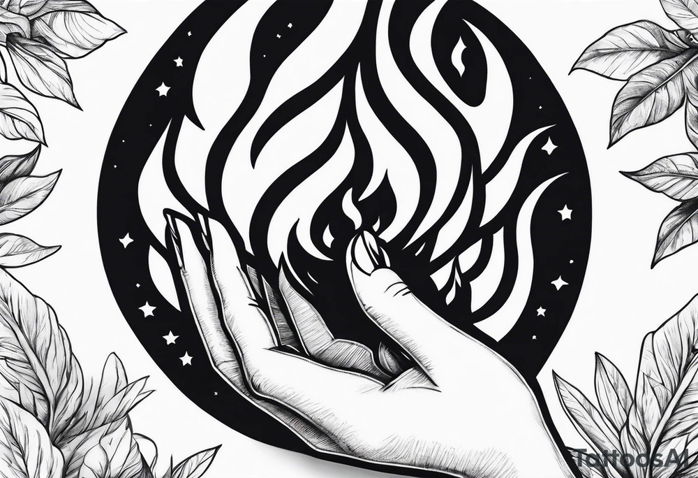 A womans hand holding fire tattoo idea