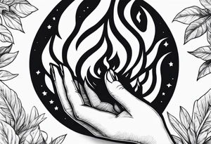 A womans hand holding fire tattoo idea
