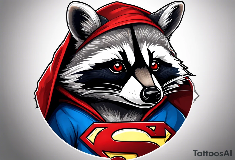raccoon wearing a Superman hoodie tattoo idea