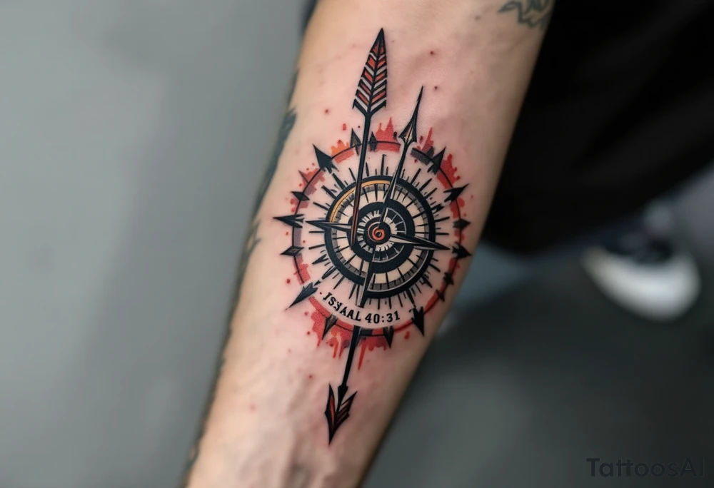 Rustic half compass half clock with a long native American arrow pointing at my wrist with the words “True North” and says "Isaiah 40:31" tattoo idea