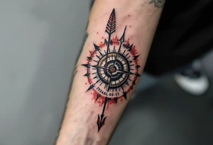 Rustic half compass half clock with a long native American arrow pointing at my wrist with the words “True North” and says "Isaiah 40:31" tattoo idea