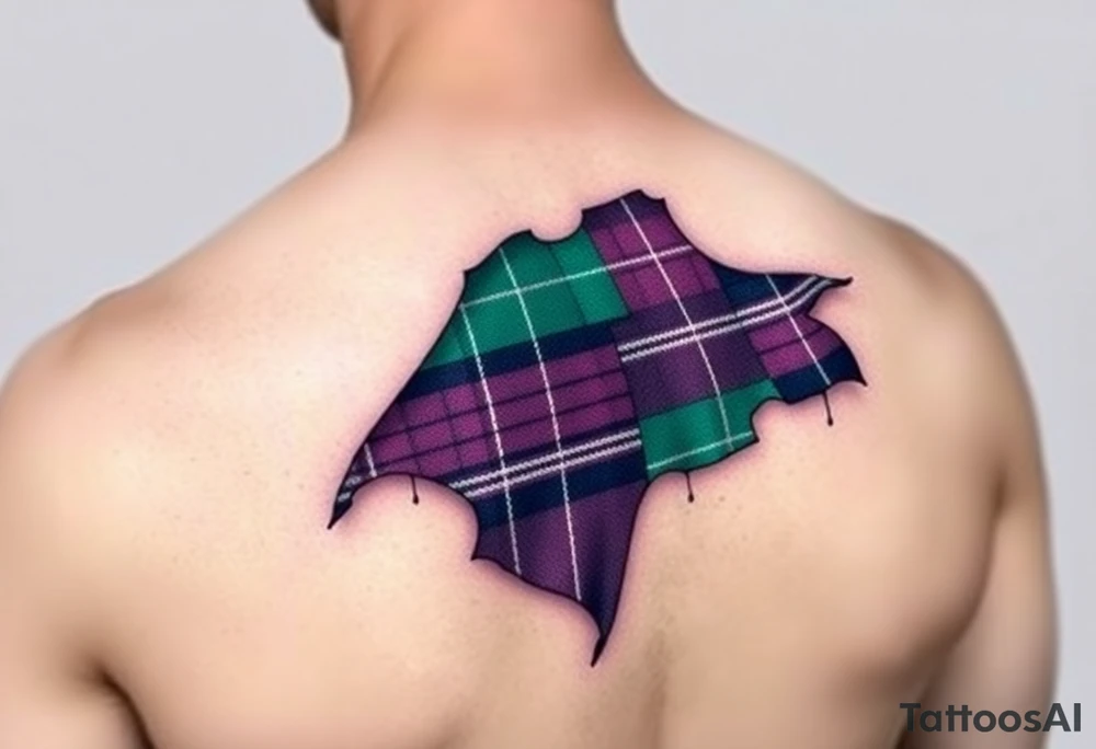 Dark Purple with green pink blue and white highlights tartan fabric with skin around edges peeling and wrapping around side of shoulder tattoo idea