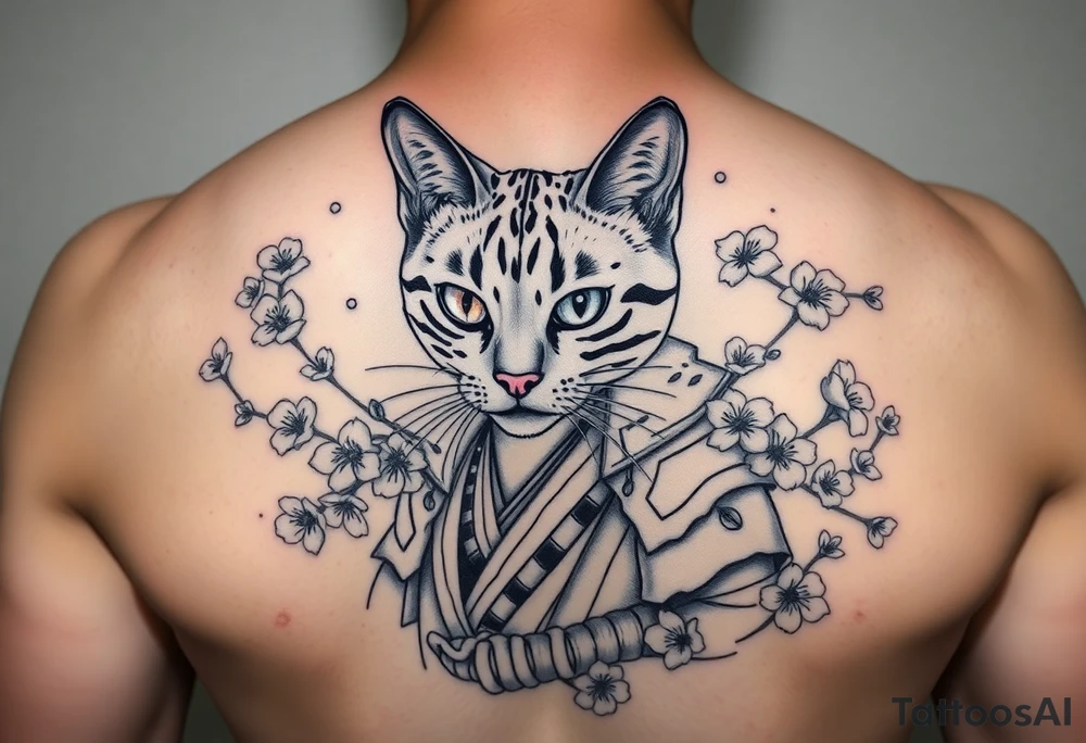 Bengal cat that’s missing one eye , dressed as a Japanese samurai warrior surrounded by cherry blossoms tattoo idea