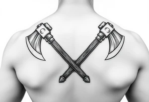 A very realistic, large Viking axes across my shoulder blades tattoo idea