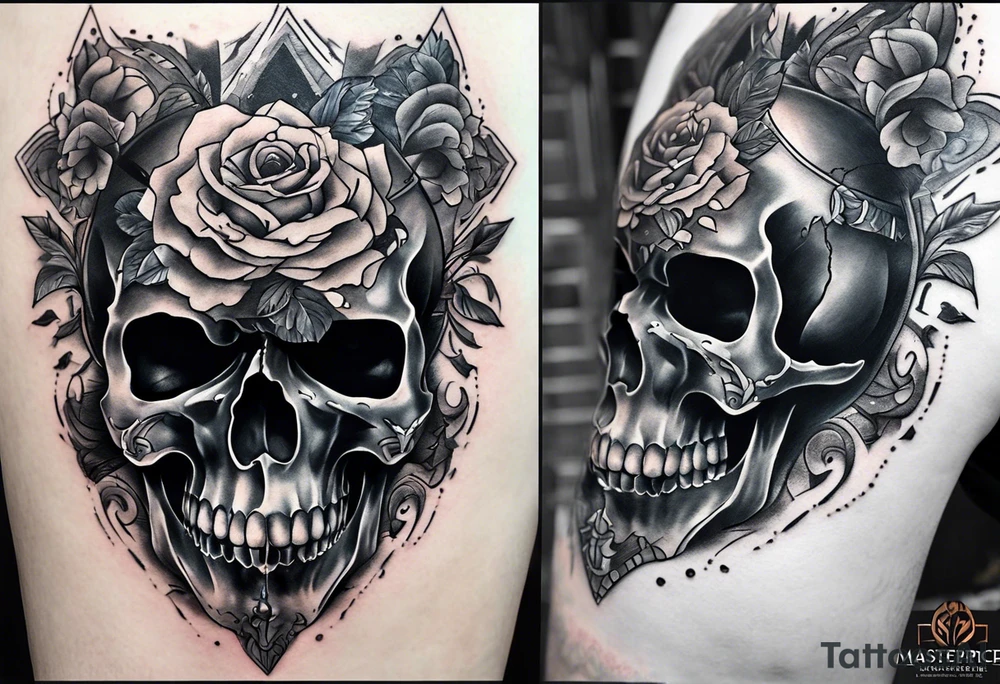 Unique tattoo design featuring a skull with a muzzle that appears to be releasing or breaking free from its constraints. The design should be intricate, with detailed shading and textures to give it a realistic look. The skull should be positioned on the neck, with the muzzle facing upwards, as if it's emerging from the skin. I'd like the design to be bold and eye-catching, with a mix of dark and light colors to create a striking contrast. tattoo idea