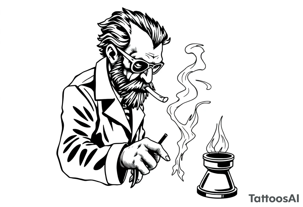 crazy mad scientist cooking up meth while smoking out of an oil burner tattoo idea
