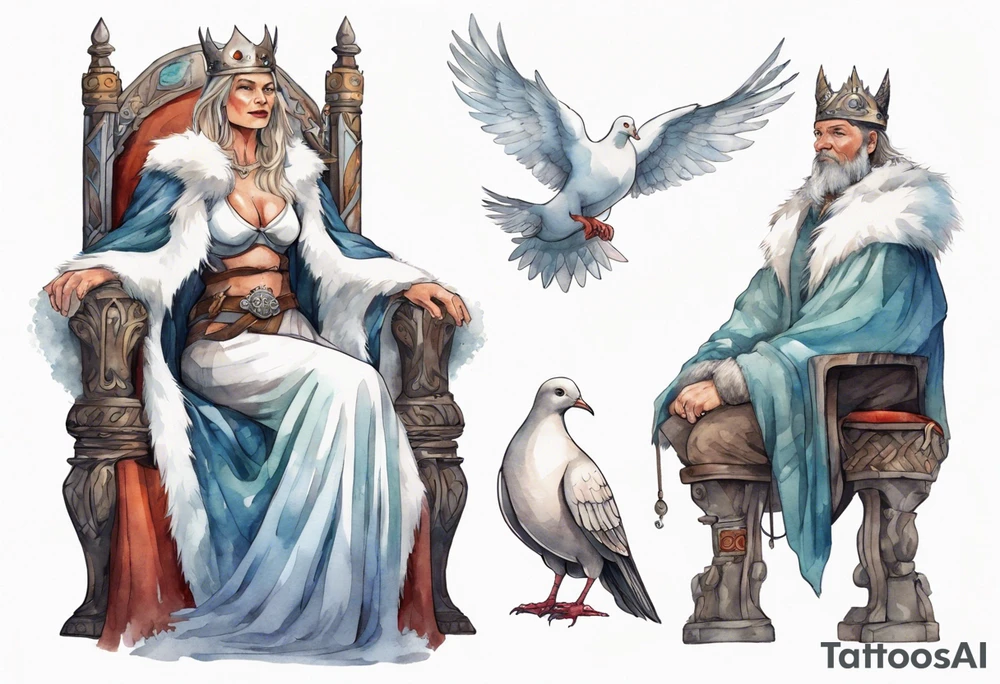 a 45-year-old Viking queen wearing a white fur cloak sitting on a throne with a dove on her shoulder tattoo idea