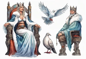 a 45-year-old Viking queen wearing a white fur cloak sitting on a throne with a dove on her shoulder tattoo idea