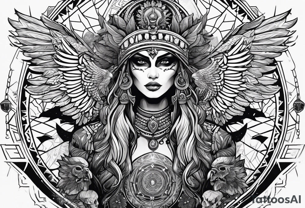 black kali, goddess pirate, alien, pachamama, valkrye, warrior, skull, lotus azul, wing, eagle, zenza resonance, stars, 5D tattoo idea