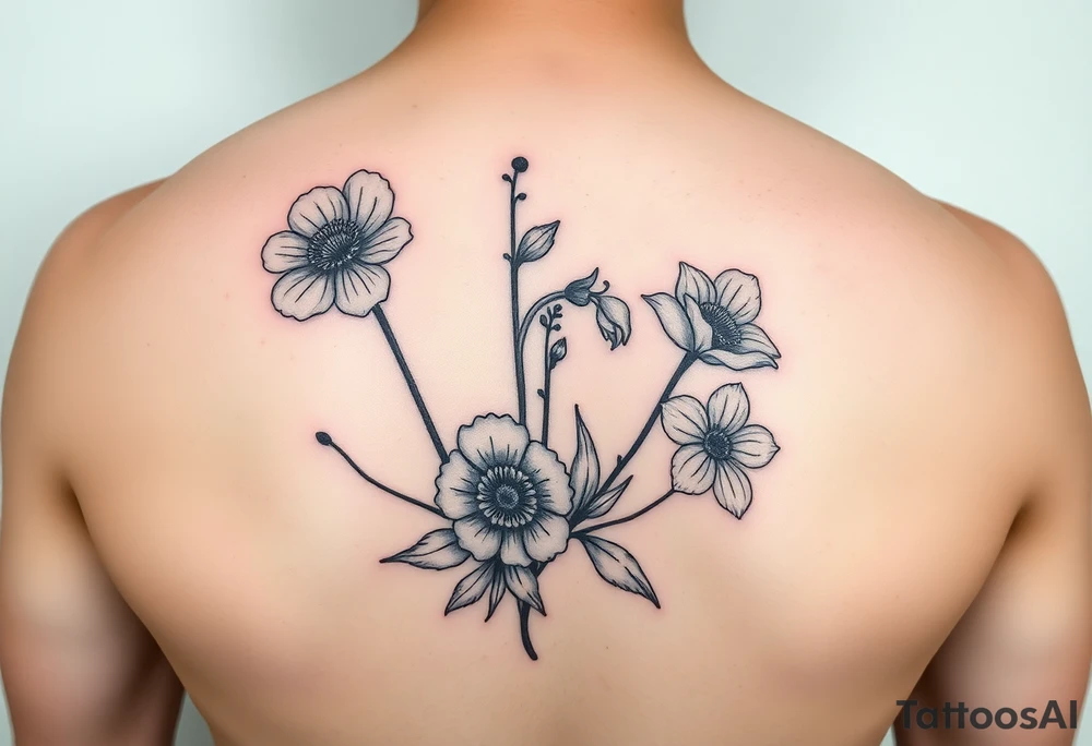 wrist tattoo with cosmos, lily of the valley, and chrysanthemum tattoo idea